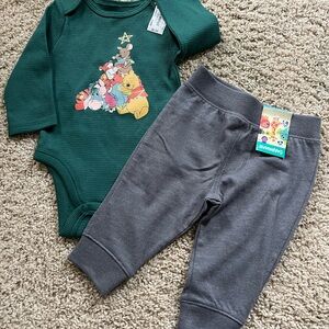 Green Disney Baby Onesie and Gray Pants Set